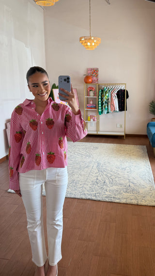 QUEEN OF SPARKLES RED AND WHITE GINGHAM BEADED STRAWBERRY BUTTON UP