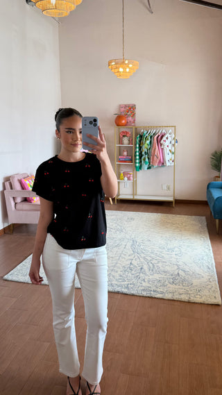 QUEEN OF SPARKLES BLACK MINI JEWELED CHERRY TEE