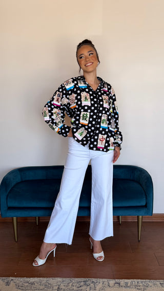 QUEEN OF SPARKLES BLACK & WHITE POLKA DOT SCATTERED MAHJONG BUTTON UP TOP