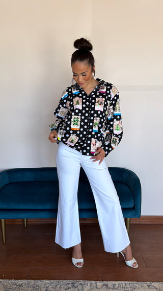 QUEEN OF SPARKLES BLACK & WHITE POLKA DOT SCATTERED MAHJONG BUTTON UP TOP