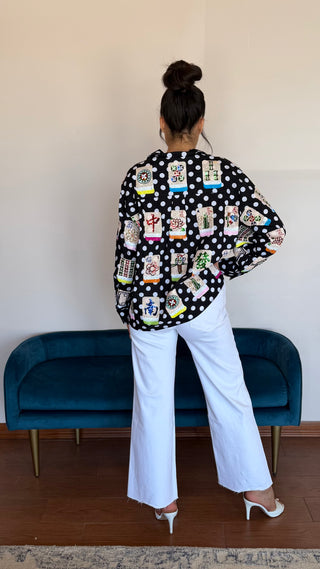 QUEEN OF SPARKLES BLACK & WHITE POLKA DOT SCATTERED MAHJONG BUTTON UP TOP
