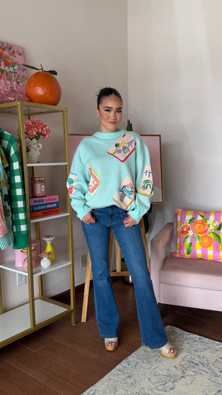 QUEEN OF SPARKLES LIGHT BLUE MAHJONG TILE KNIT SWEATER