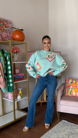 QUEEN OF SPARKLES LIGHT BLUE MAHJONG TILE KNIT SWEATER