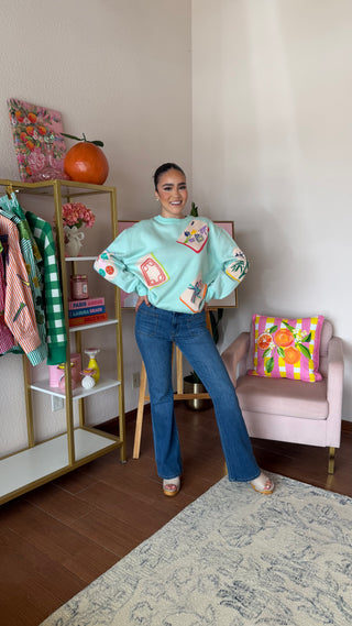 QUEEN OF SPARKLES LIGHT BLUE MAHJONG TILE KNIT SWEATER