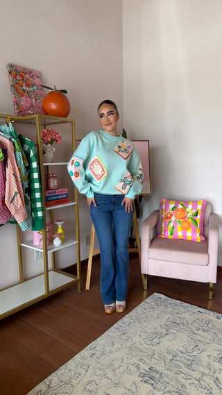 QUEEN OF SPARKLES LIGHT BLUE MAHJONG TILE KNIT SWEATER