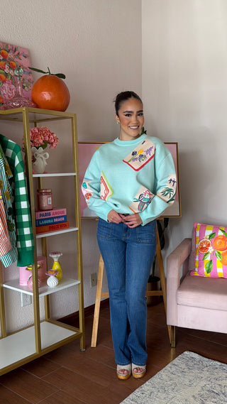 QUEEN OF SPARKLES LIGHT BLUE MAHJONG TILE KNIT SWEATER