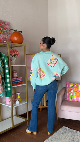 QUEEN OF SPARKLES LIGHT BLUE MAHJONG TILE KNIT SWEATER