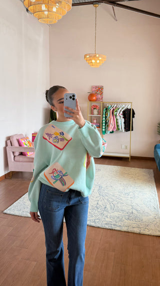 QUEEN OF SPARKLES LIGHT BLUE MAHJONG TILE KNIT SWEATER