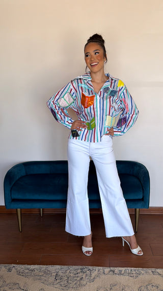 QUEEN OF SPARKLES MULTI STRIPED SCHOOL BOOK BUTTON UP COLLARED TOP