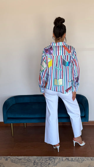 QUEEN OF SPARKLES MULTI STRIPED SCHOOL BOOK BUTTON UP COLLARED TOP
