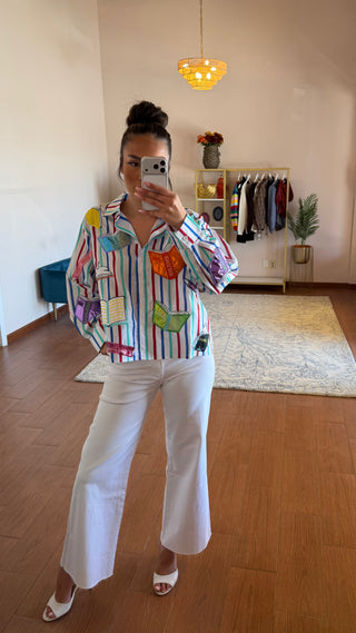 QUEEN OF SPARKLES MULTI STRIPED SCHOOL BOOK BUTTON UP COLLARED TOP