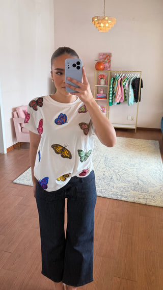 QUEEN OF SPARKLES WHITE MULTI BUTTERFLY TEE