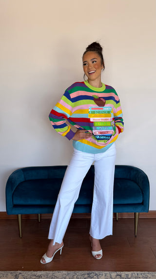 QUEEN OF SPARKLES MULTI STRIPE SCHOOL BOOKS AND APPLE SWEATER