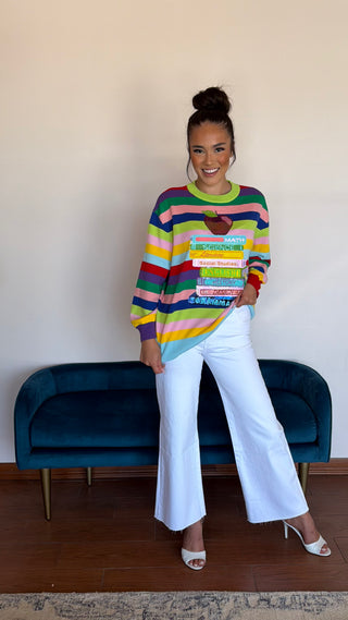 QUEEN OF SPARKLES MULTI STRIPE SCHOOL BOOKS AND APPLE SWEATER