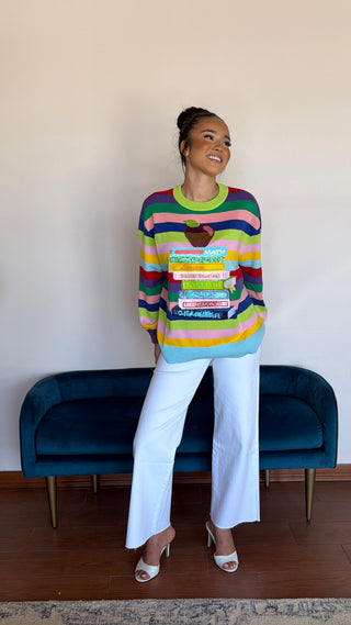 QUEEN OF SPARKLES MULTI STRIPE SCHOOL BOOKS AND APPLE SWEATER