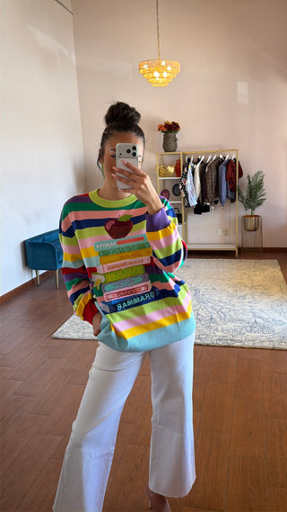 QUEEN OF SPARKLES MULTI STRIPE SCHOOL BOOKS AND APPLE SWEATER