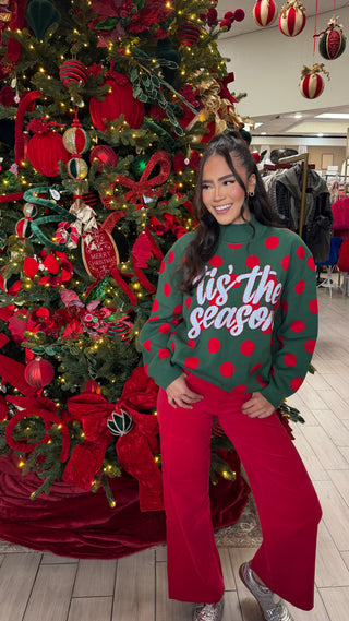 QUEEN OF SPARKLES GREEN AND RED POLKA DOT TIS THE SEASON TURTLENECK SWEATER