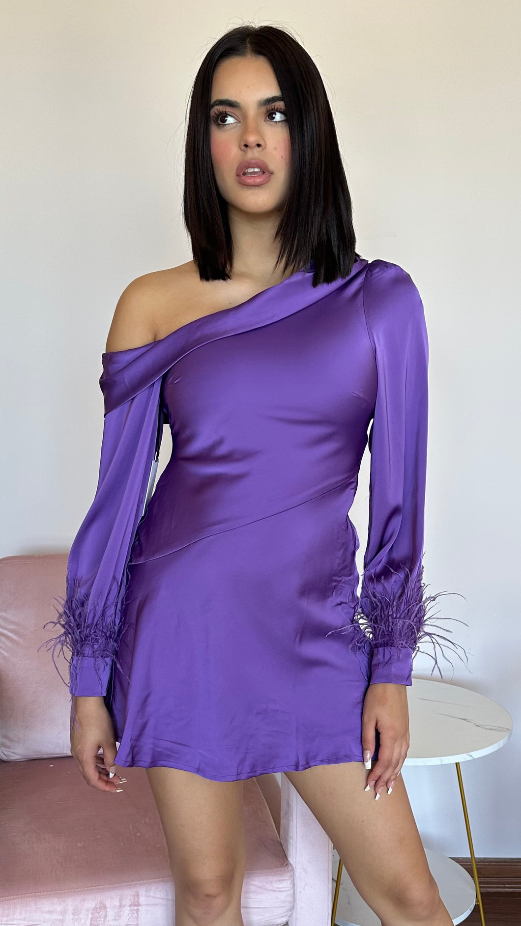 ASTR The Label Augusta Off Shoulder Feather Trim Mini Dress- Purple