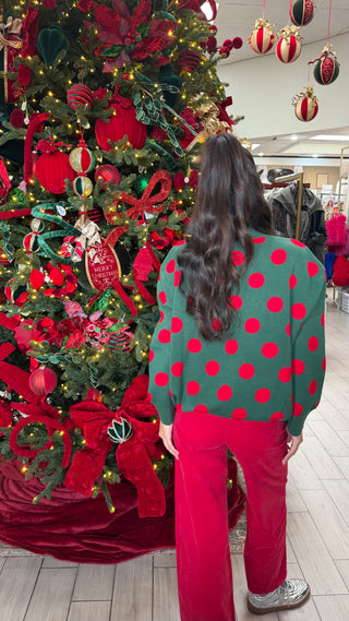 QUEEN OF SPARKLES GREEN AND RED POLKA DOT TIS THE SEASON TURTLENECK SWEATER