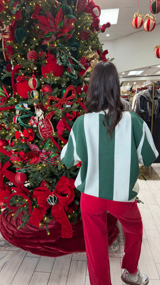 QUEEN OF SPARKLES GREEN AND IVORY STRIPED NUTCRACKER SWEATER