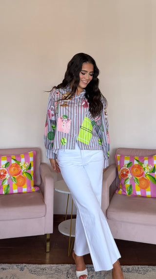QUEEN OF SPARKLES STRIPED TENNIS ICON BUTTON DOWN LONG SLEEVE TOP