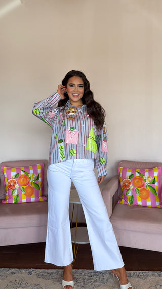 QUEEN OF SPARKLES STRIPED TENNIS ICON BUTTON DOWN LONG SLEEVE TOP