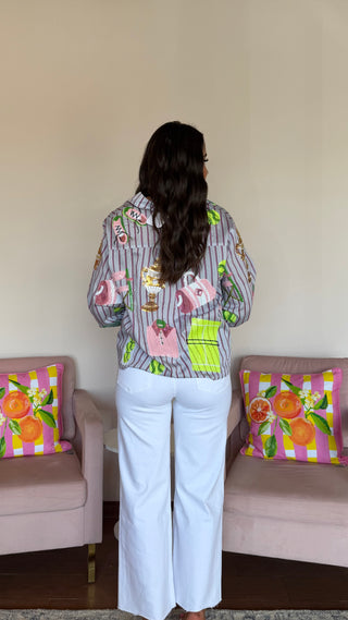 QUEEN OF SPARKLES STRIPED TENNIS ICON BUTTON DOWN LONG SLEEVE TOP