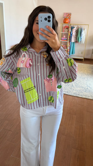 QUEEN OF SPARKLES STRIPED TENNIS ICON BUTTON DOWN LONG SLEEVE TOP