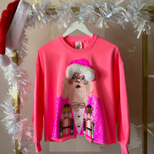 Queen of Sparkles Neon Pink Sweatshirt with Pink Nutcracker Santa