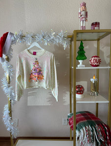 Queen of Sparkles White Full Sequin Rainbow Christmas Tree Sweater
