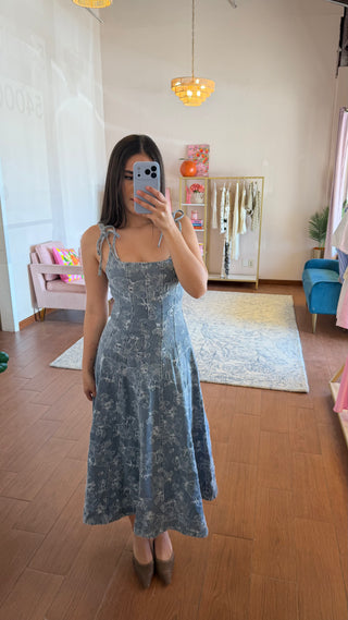 EN SAISON SPLICED EMB FLORAL DENIM FIT N FLARE MIDI DRESS