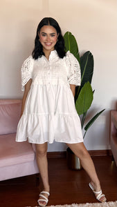 White Short Sleeve Eyelet Collared Dress