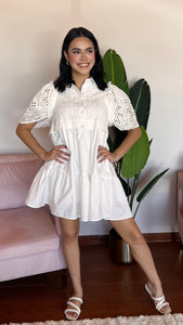 White Short Sleeve Eyelet Collared Dress