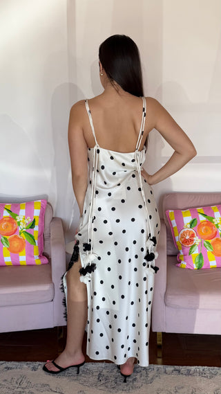 EN SAISON POLKA DOT SHOULDER TIE BIAS MAXI SLIP DRESS