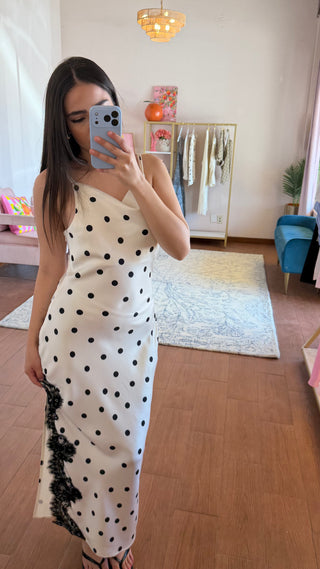 EN SAISON POLKA DOT SHOULDER TIE BIAS MAXI SLIP DRESS