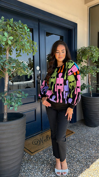 QUEEN OF SPARKLES BLACK MULTI FUZZY SKELETON SWEATSHIRT