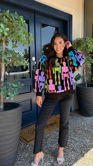 QUEEN OF SPARKLES BLACK MULTI FUZZY SKELETON SWEATSHIRT