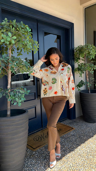 QUEEN OF SPARKLES BEIGE STRIPED THANKSGIVING ICON BUTTON UP TOP
