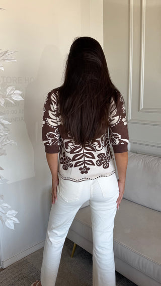 SHORT SLEEVE KNIT PATTERN TOP