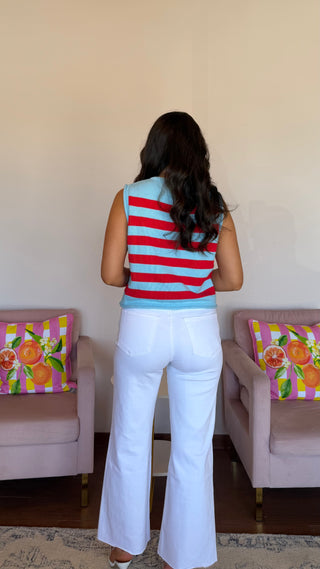 BLUE AND RED BUTTON SLEEVLESS SWEATER