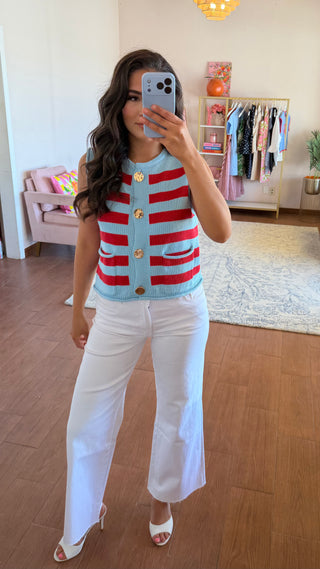 BLUE AND RED BUTTON SLEEVLESS SWEATER