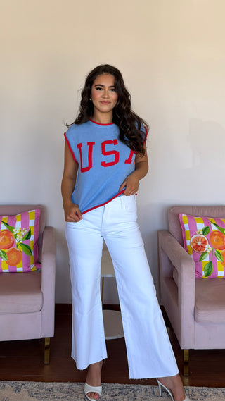 USA BLUE AND RED SLEEVELESS SWEATER