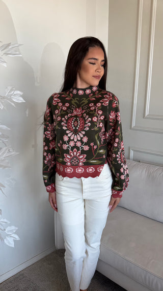 HIGH NECK LONG SLEEVE FLORAL SWEATER
