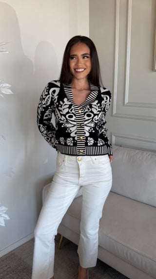 FLORAL V-NECK CARDIGAN WITH GOLD BUTTONS