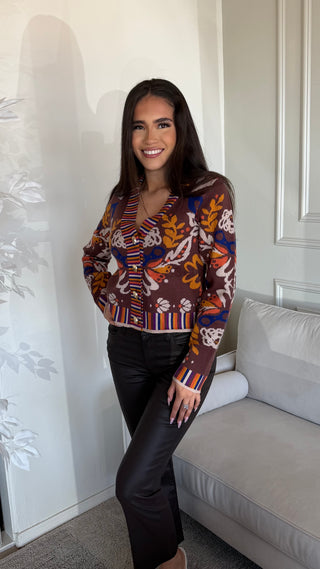 FLORAL V-NECK CARDIGAN WITH GOLD BUTTONS