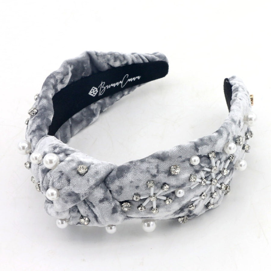 Brianna Cannon Crushed Velvet Headband with Crystal Snowflakes and Pearls