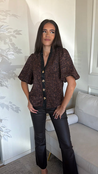 ANIMAL PRINT LEATHER DETAIL TOP