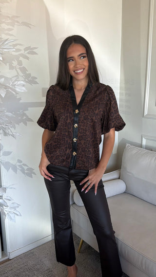 ANIMAL PRINT LEATHER DETAIL TOP