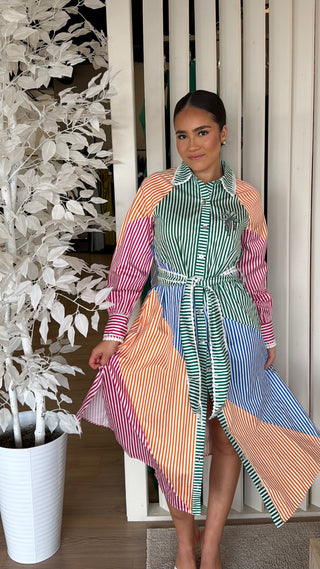 FARM RIO CUTWORK STRIPES LONG SLEEVE CHEMISE