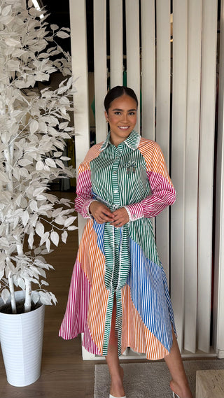 FARM RIO CUTWORK STRIPES LONG SLEEVE CHEMISE